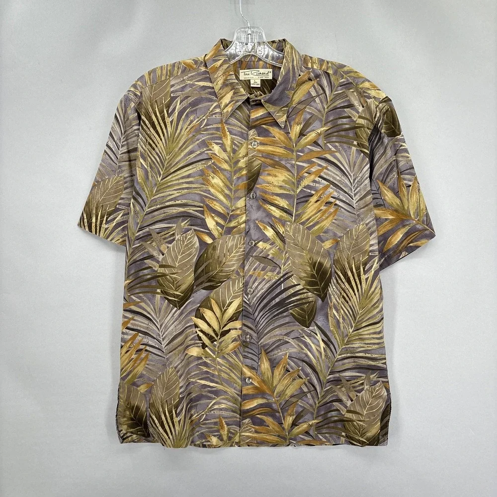 Tori Richard Shirt Mens Large Brown Gray Yellow Leaf Aloha Cotton Lawn Vintage‎